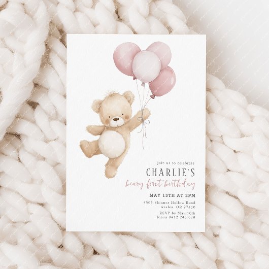 Beary First Pink Balloon Girls 1st Birthday Teddy 招待状