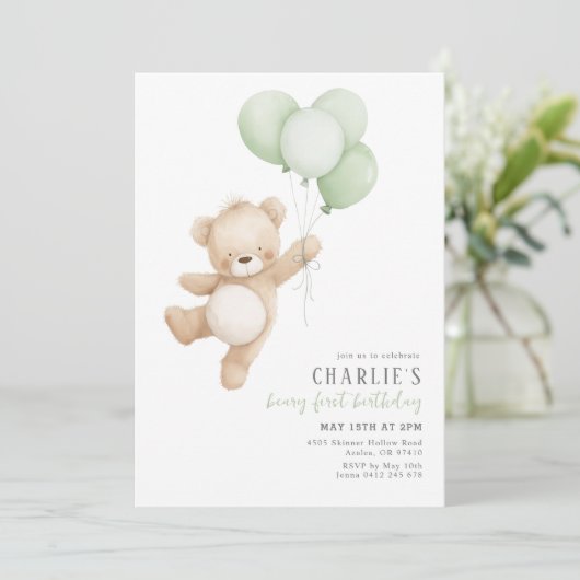 Beary First Sage Balloon Boy 1st Birthday Teddy 招待状 (スタンド正面)