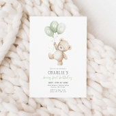 Beary First Sage Green Balloon Boy 1st Birthday 招待状