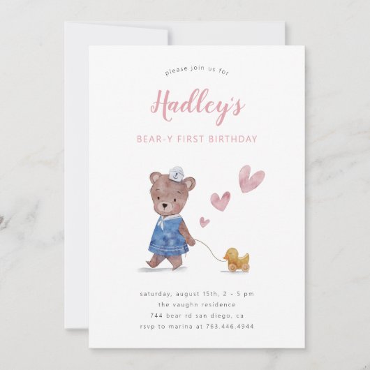Beary First Teddy Bear Girl Birthday Party Invitat 招待状 (正面)