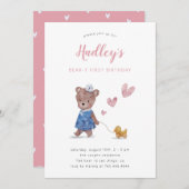 Beary First Teddy Bear Girl Birthday Party Invitat 招待状 (正面/裏面)