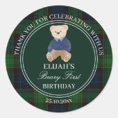 Beary first teddy bear green plaid誕生日のお願い ラウンドシール (正面)