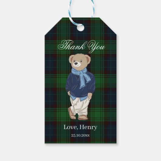 Beary first teddy bear green plaid birthday favor ギフトタグ (正面)