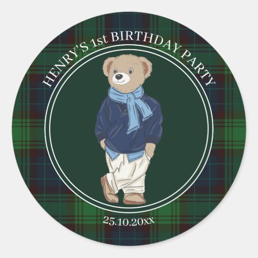 Beary first teddy bear green plaid birthday favor ラウンドシール (正面)