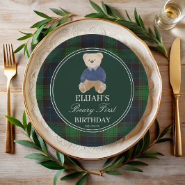 Beary first teddy bear green plaid birthday party ペーパープレート