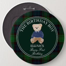 Beary first teddy bear green plaid birthday party 缶バッジ