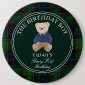 Beary first teddy bear green plaid birthday party 缶バッジ (正面)