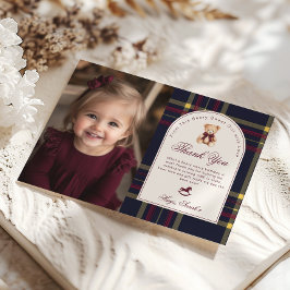 Beary Fun Preppy Girl 1st Birthday Thank you Card 招待状