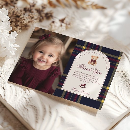 Beary Fun Preppy Girl 1st Birthday Thank you Card 招待状