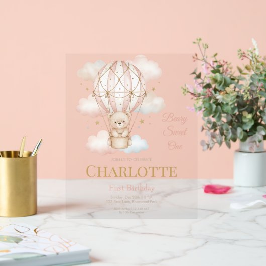 Beary  Hot Air Balloon 1st Birthday Invitation アクリルサイン (ウェディング)