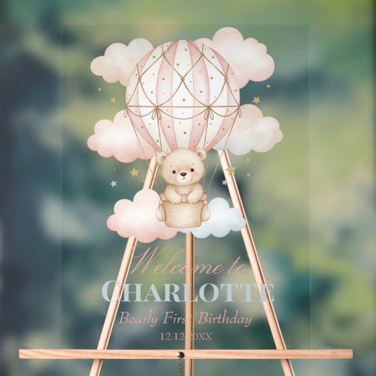 Beary  Hot Air Balloon 1st Birthday Welcome アクリルサイン (ニュートラル)