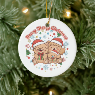 "Beary Merry Christmas"かわいいテディベア家族 セラミックオーナメント