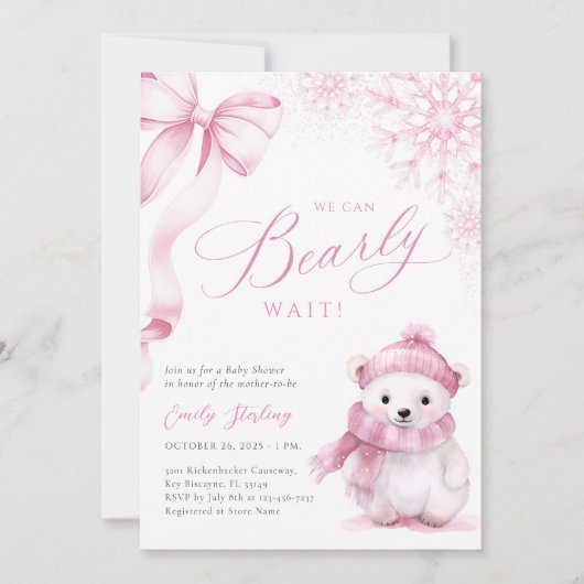 Beary Pink Winter Baby Shower Invitation 招待状 (正面)