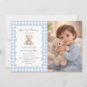 Beary Sweet Blue Balloon Birthday Teddy Photo 招待状 (正面)
