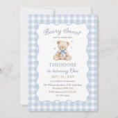 Beary Sweet Blue Balloon First Birthday Teddy 招待状 (正面)