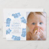 Beary Sweet Blue Gummy Bear Boy写真1st Birthday 招待状 (正面)