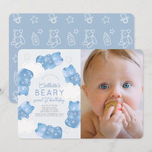 Beary Sweet Blue Gummy Bear Boy写真1st Birthday 招待状