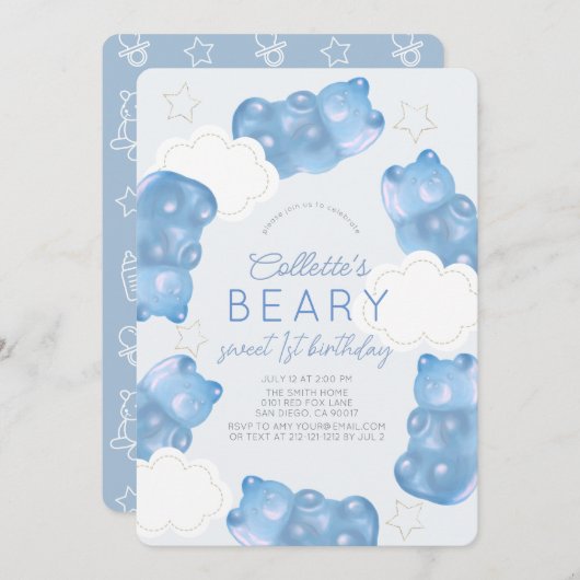 Beary Sweet Blue Gummy Bear Boy 1st Birthday 招待状 (正面/裏面)