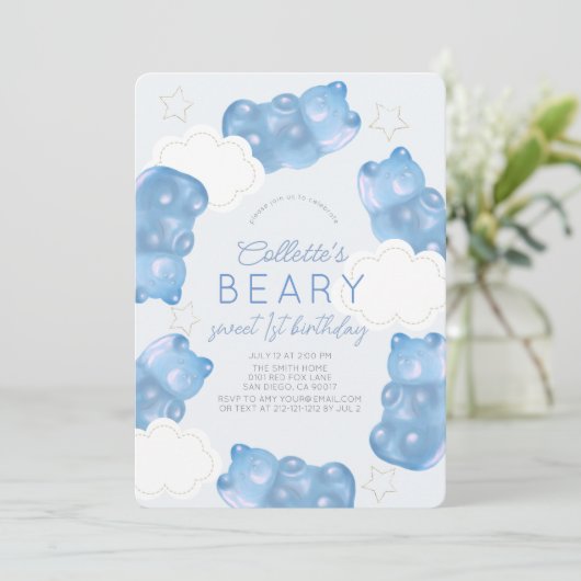 Beary Sweet Blue Gummy Bear Boy 1st Birthday 招待状 (スタンド正面)