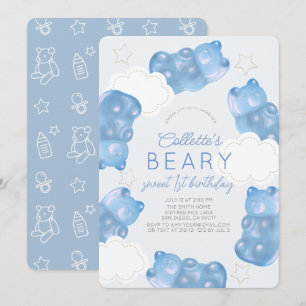 Beary Sweet Blue Gummy Bear Boy 1st Birthday 招待状