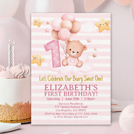 Beary Sweet First Birthday | Pink Boho Bear Girl 招待状