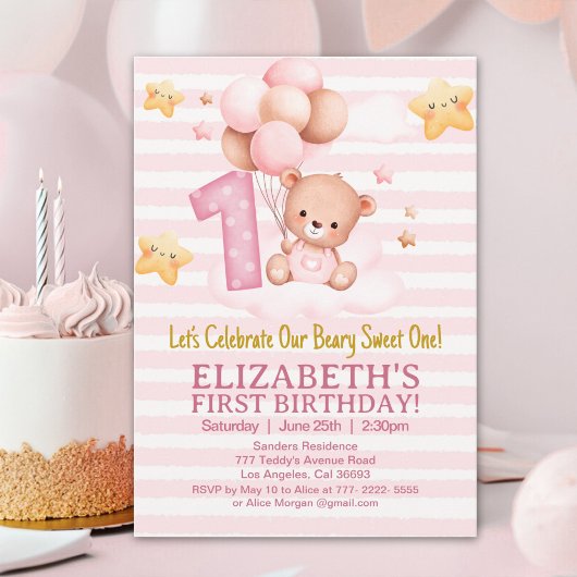 Beary Sweet First Birthday | Pink Boho Bear Girl 招待状