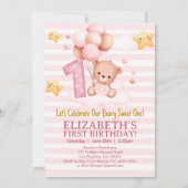 Beary Sweet First Birthday | Pink Boho Bear Girl 招待状 (正面)