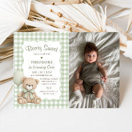 Beary Sweet Green Balloon Birthday Teddy Photo 招待状