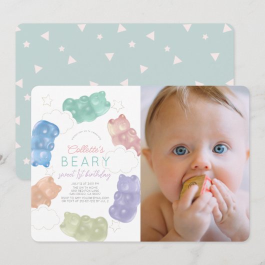 Beary Sweet Gummy Bear Girl写真1st Birthday 招待状 (正面/裏面)