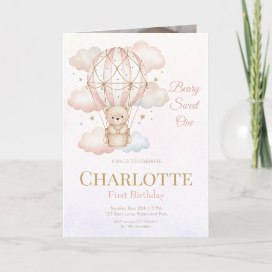 Beary Sweet Hot Air Balloon 1st Birthday Photo 招待状 (正面)