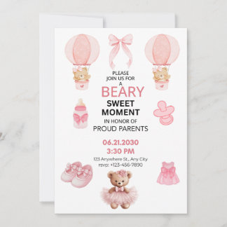 BEARY SWEET MOMENT GIRL 5X7 FLAT BABY SHOWER 招待状