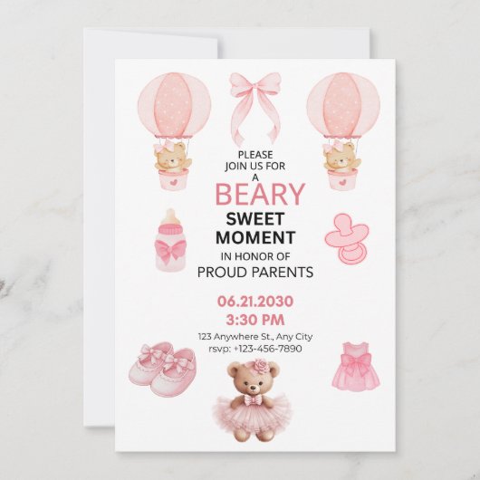 BEARY SWEET MOMENT GIRL 5X7 FLAT BABY SHOWER  招待状 (正面)