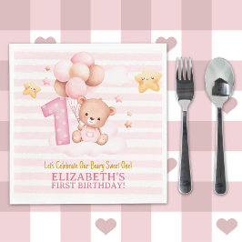 Beary Sweet One Birthday | Pink Boho Bear Girl スタンダードランチョンナプキン