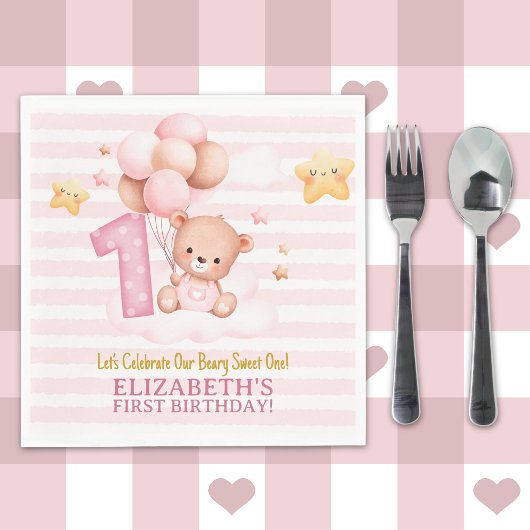 Beary Sweet One Birthday | Pink Boho Bear Girl スタンダードランチョンナプキン