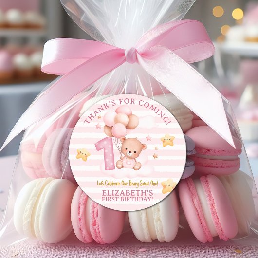 Beary Sweet One Birthday Stickers | Pink Boho Bear ラウンドシール