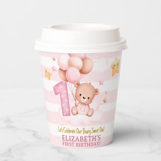 Beary Sweet One Paper Cups | Pink Boho Bear Party 紙コップ (裏面)