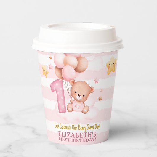 Beary Sweet One Paper Cups | Pink Boho Bear Party 紙コップ (正面)