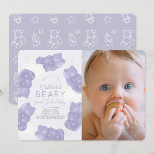 Beary Sweet Purple Gummy Bear 1st Birthday Photo 招待状