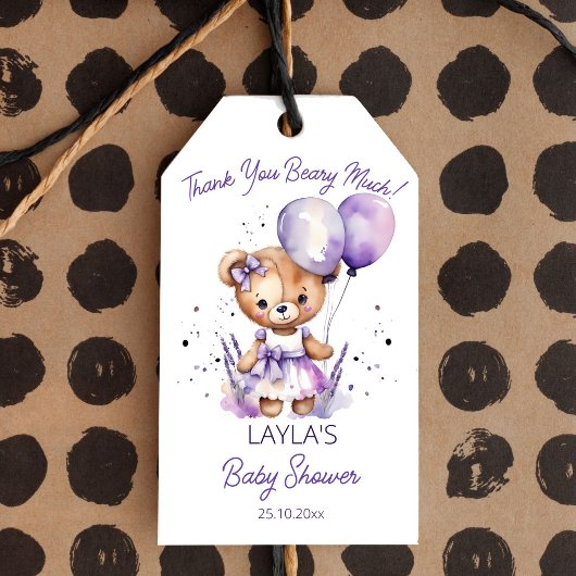 Beary teddy bear purple baby shower you favo感謝してい. ギフトタグ