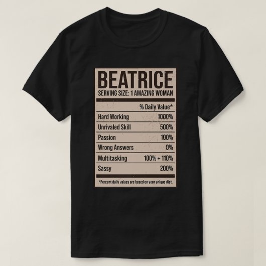 Beatrice Nutrition Facts Nameニックネーム別名タイトル Tシャツ (デザイン正面)