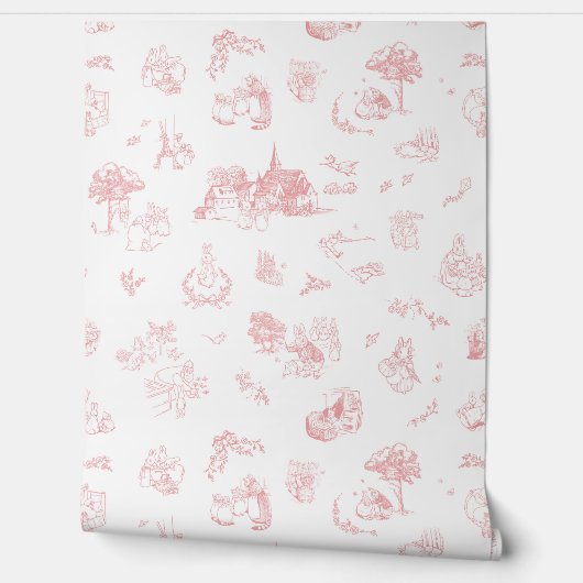 Beatrix Peter the Rabbit Toile Chinoiserie Red 壁紙 (ほどく)