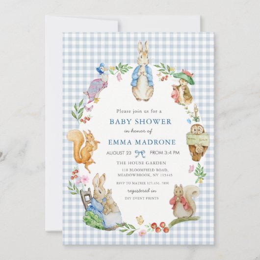 Beatrix Potter Peter Rabbit Blue Baby Shower 招待状 (正面)