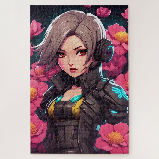 Beau portrait cyberpunk en nuance de roses ジグソーパズル (縦)