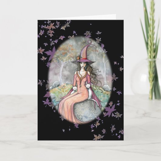Beautifuハロウィンの魔法使い白い猫カード カード (正面)