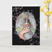 Beautifuハロウィンの魔法使い白い猫カード カード (黄色い花)