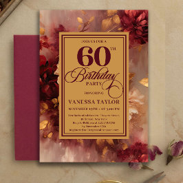 Beautiful 60th Birthday Burgundy Roses Gold Invite 招待状