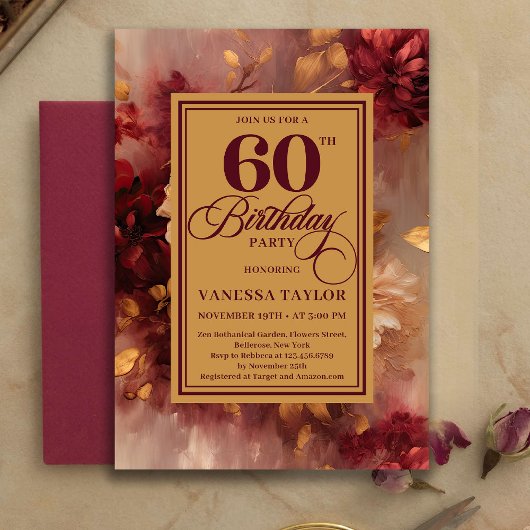Beautiful 60th Birthday Burgundy Roses Gold Invite 招待状