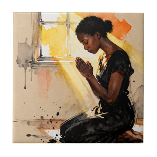 Beautiful Abstract African=American Woman Praying タイル (正面)