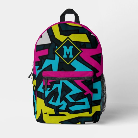 Beautiful Abstract Graffiti Pattern Monogram プリントバックパック (正面)