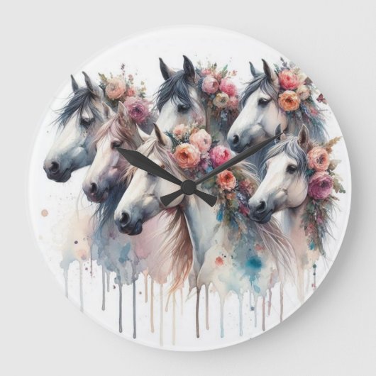 Beautiful and Colorful Watercolor Horses Clock ラージ壁時計 (正面)